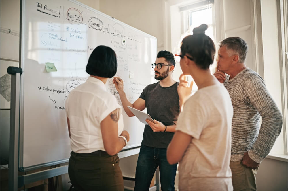 An image of group of individuals discussing the local search engine optimisation strategy.
