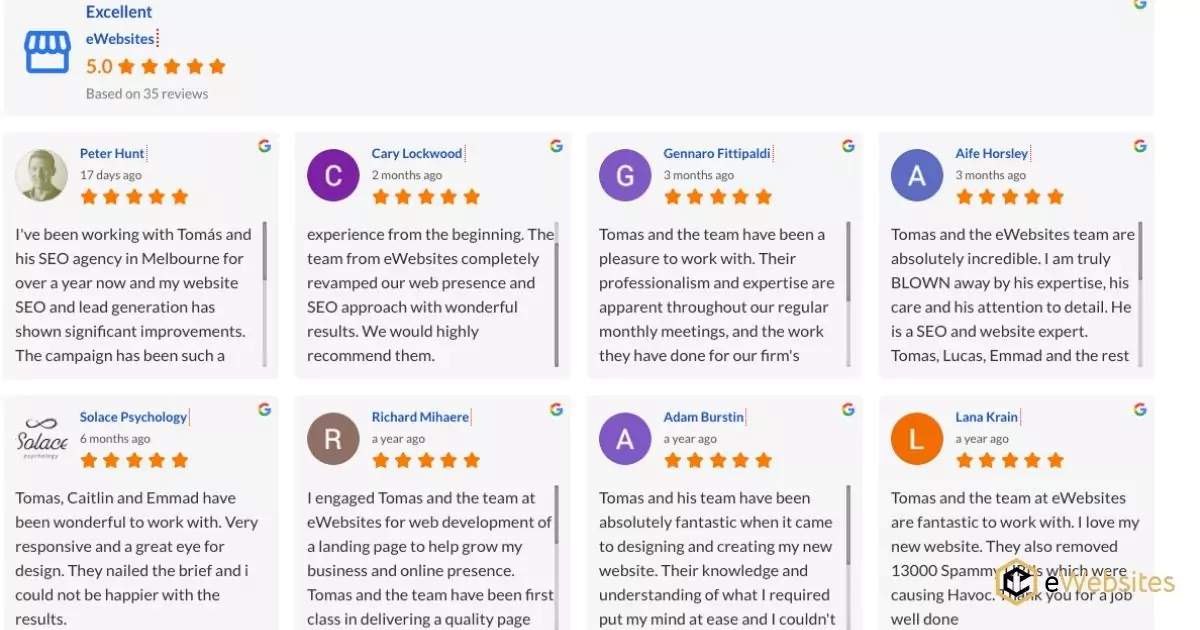 image of customer reviews from eWebsites
